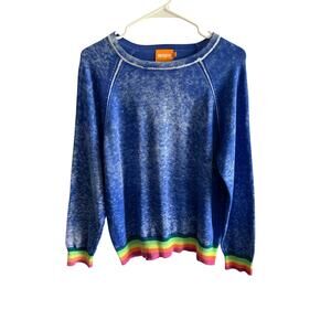 WISPR by Brodie Acid Wash Blue Silk Blend Sweater Rainbow Stripe Hem Cuffs SZ M